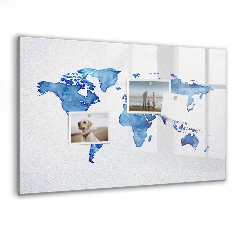 Szklana tablica magnetyczna Wallfluent 60x40 cm Mapa świata akwarele Czarny marker 1 szt.