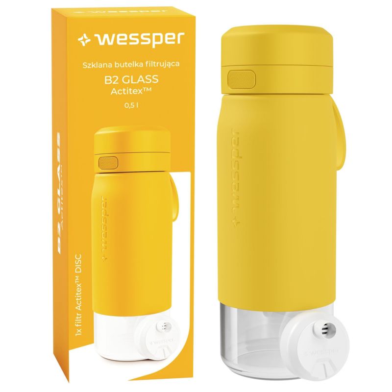 Butelka na wodę, Wessper, filtrująca, szkło borokrzemowe, bidon, z filtrem do wody, 500ml, B2 GLASS Actitex, żółta, 1szt
