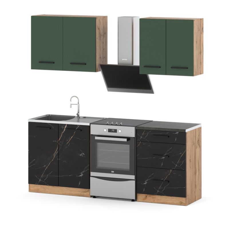 Zestaw Kuchenny Hurtownia-Mebli Z Blatem Kuchnia Mini Mokka 200cm Dąb Wotan Butelkowa Zieleń/San Sebastian 200x47x145 cm 1szt.