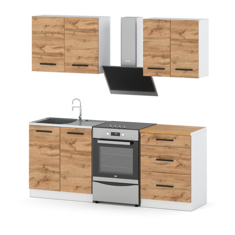 Zestaw Kuchenny Hurtownia-Mebli Z Blatem Kuchnia Mini Mokka 200cm Biały Mat Dąb Wotan 200x47x145 cm 1szt.