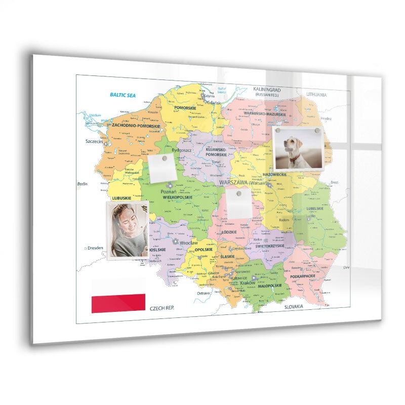 Szklana tablica magnetyczna Wallfluent 100x70 cm Mapa polski Czarny marker 1 szt.