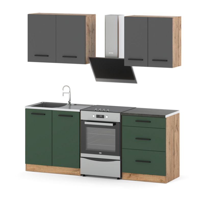 Zestaw Kuchenny Hurtownia-Mebli Z Blatem Kuchnia Mini Mokka 200cm Dąb Wotan Szary Mat/Butelkowa Zieleń 200x47x145 cm 1szt.