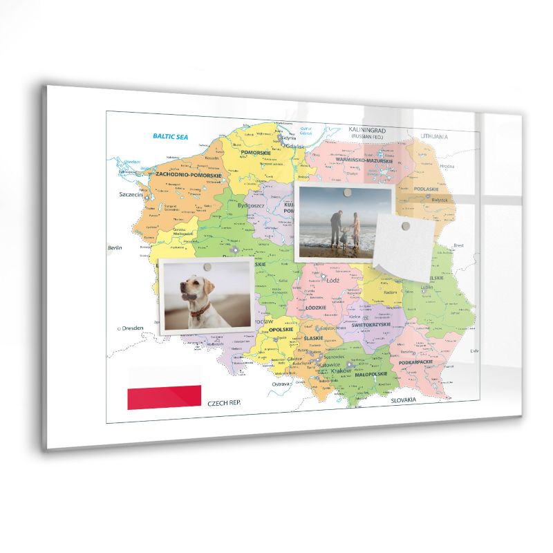 Szklana tablica magnetyczna Wallfluent 60x40 cm Mapa polski Czarny marker 1 szt.