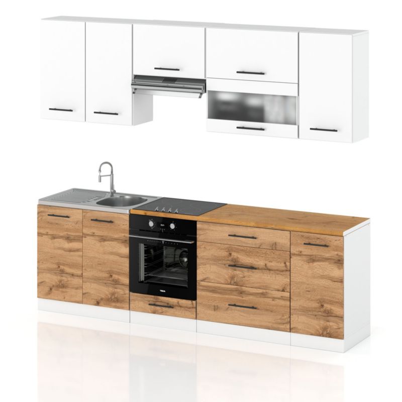 Zestaw Kuchenny Hurtownia-Mebli Z Blatem Kuchnia Marocco 260cm Biały Mat Biały Mat/Dąb Wotan 260x52x157 cm 1szt.