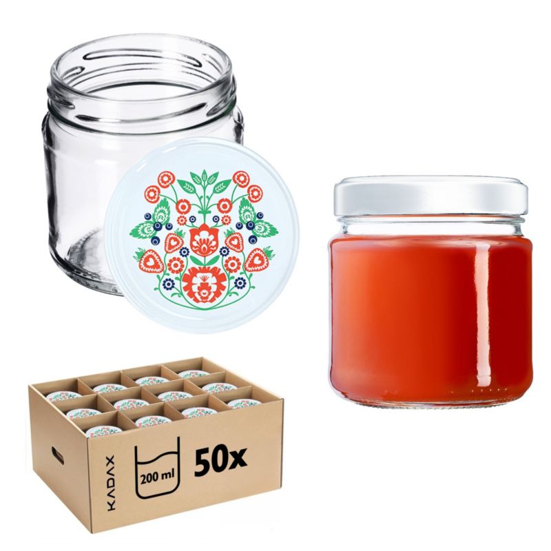 Słoiki KADAX Słoik 200ml Szklany Przetwory Dżem miód + Zakrętki Fi66 50 szt.