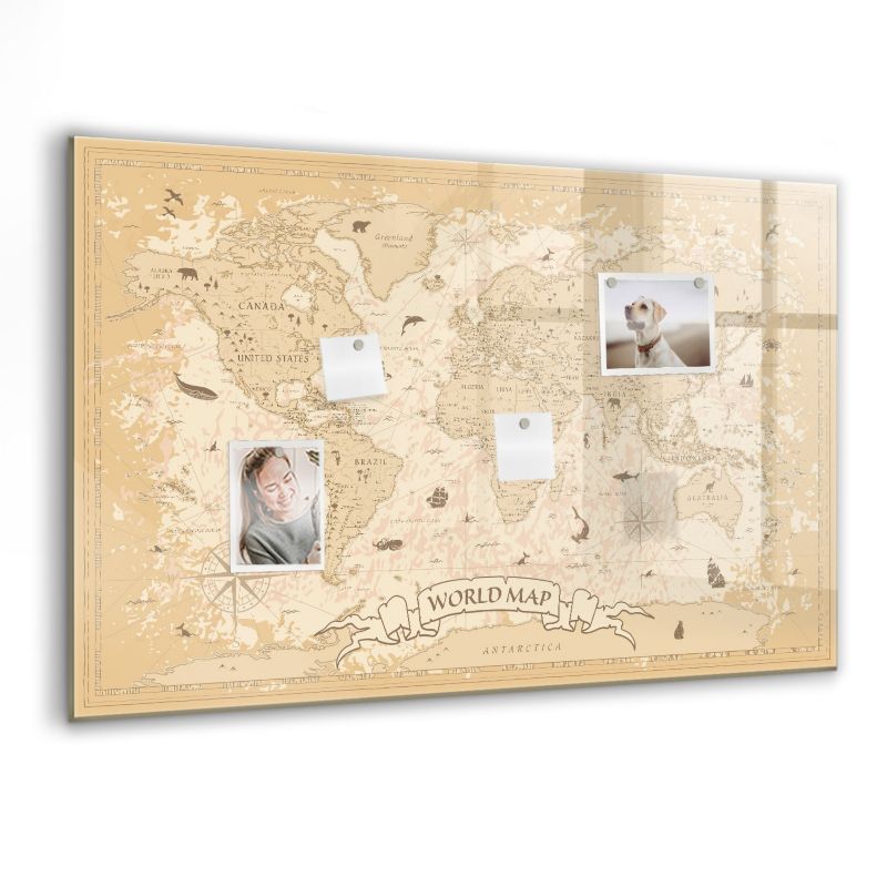 Szklana tablica magnetyczna Wallfluent 90x60 cm Vintage mapa świata Czarny marker 1 szt.