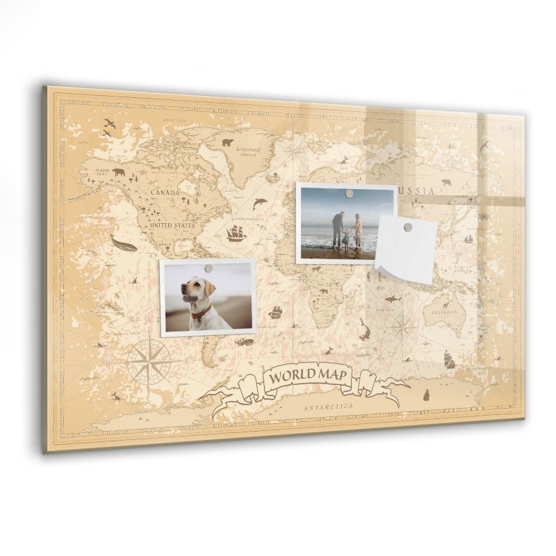 Szklana tablica magnetyczna Wallfluent 60x40 cm Vintage mapa świata Czarny marker 1 szt.