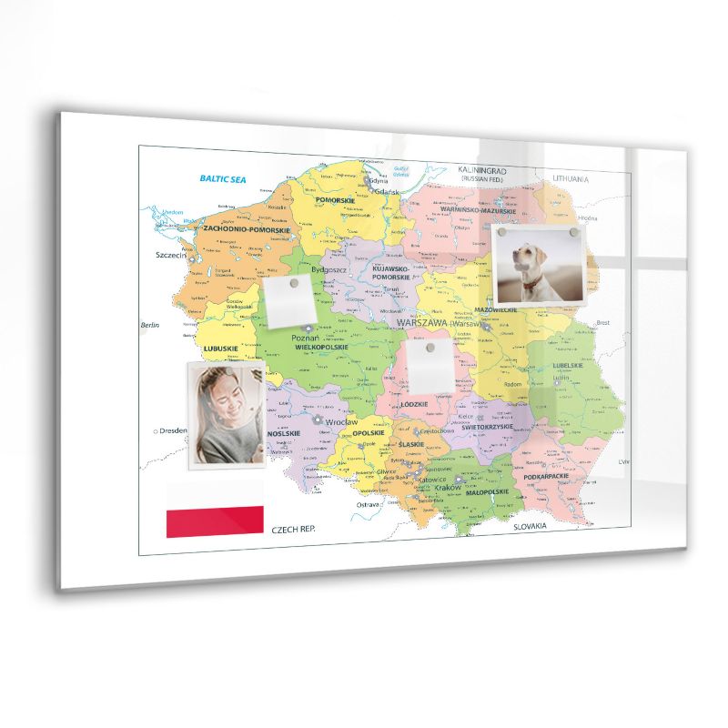 Szklana tablica magnetyczna Wallfluent 90x60 cm Mapa polski Czarny marker 1 szt.