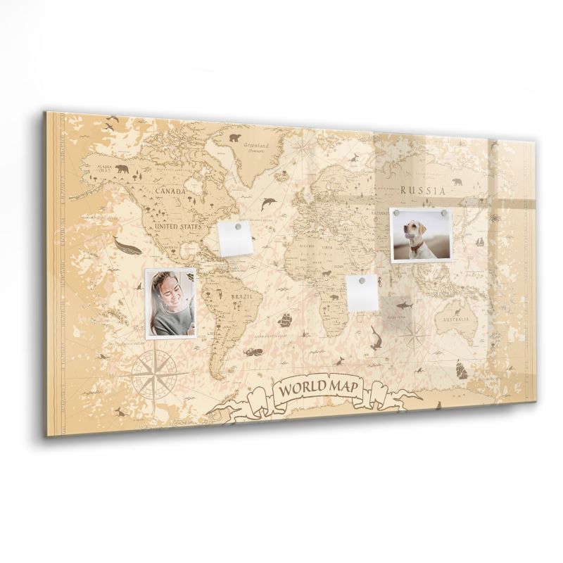 Szklana tablica magnetyczna Wallfluent 120x60 cm Vintage mapa świata Czarny marker 1 szt.
