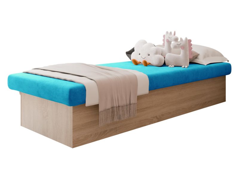Łóżko jednoosobowe MIRJAN 24 Berta 190x80 z pojemnikiem dąb sonoma + niebieski plusz 1 szt.