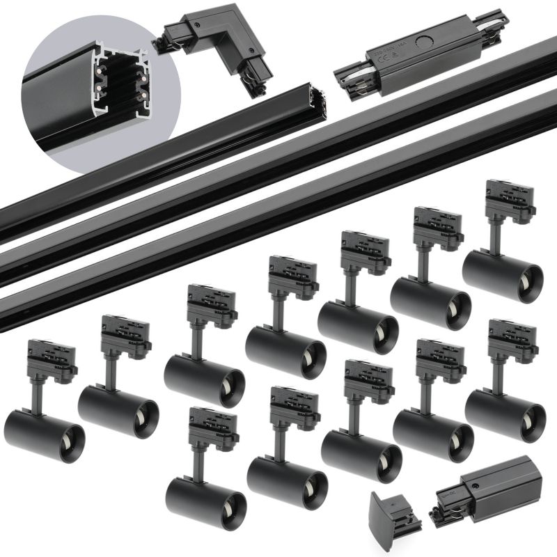 Oświetlenie szynowe 3-fazowe Kobi szyna 1m+2m+2m, 12x Lamp, łącznik I + L czarny 1kpl.