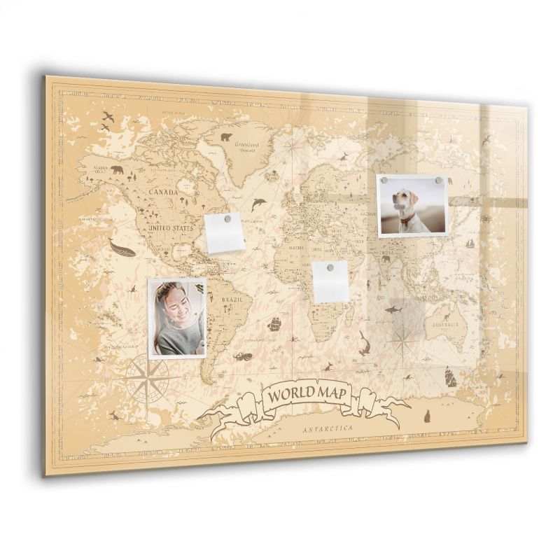 Szklana tablica magnetyczna Wallfluent 100x70 cm Vintage mapa świata Czarny marker 1 szt.