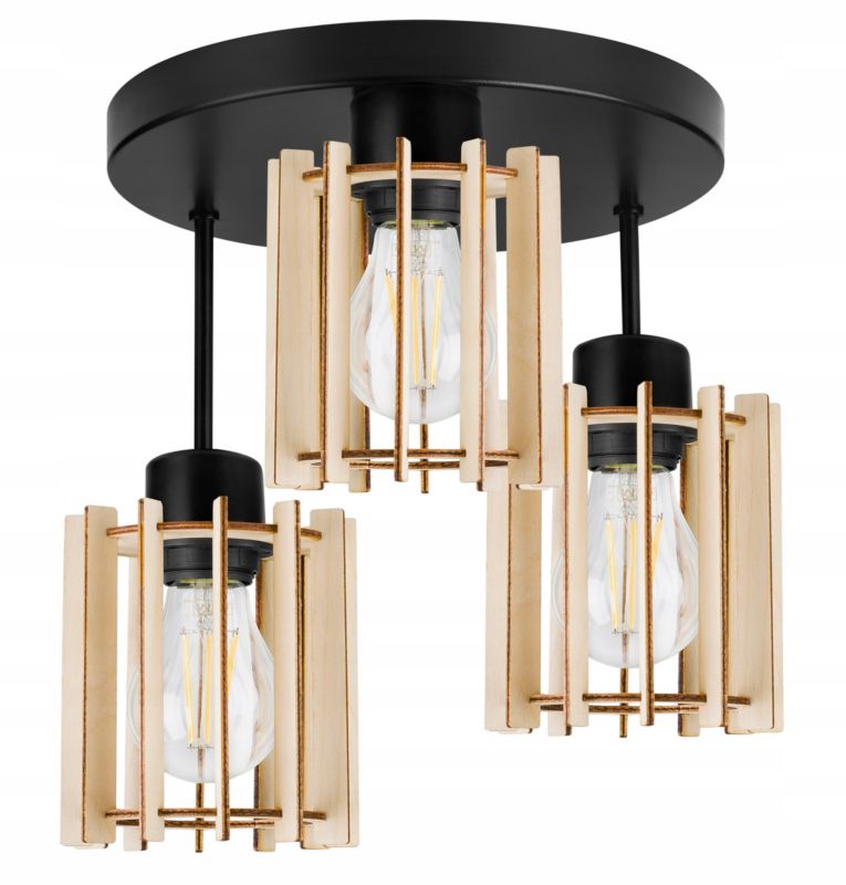 Lampa sufitowa wisząca Light Home LH Timber drewno 3x E27 60W okrągły prosty klosz tuba czarny 1szt.