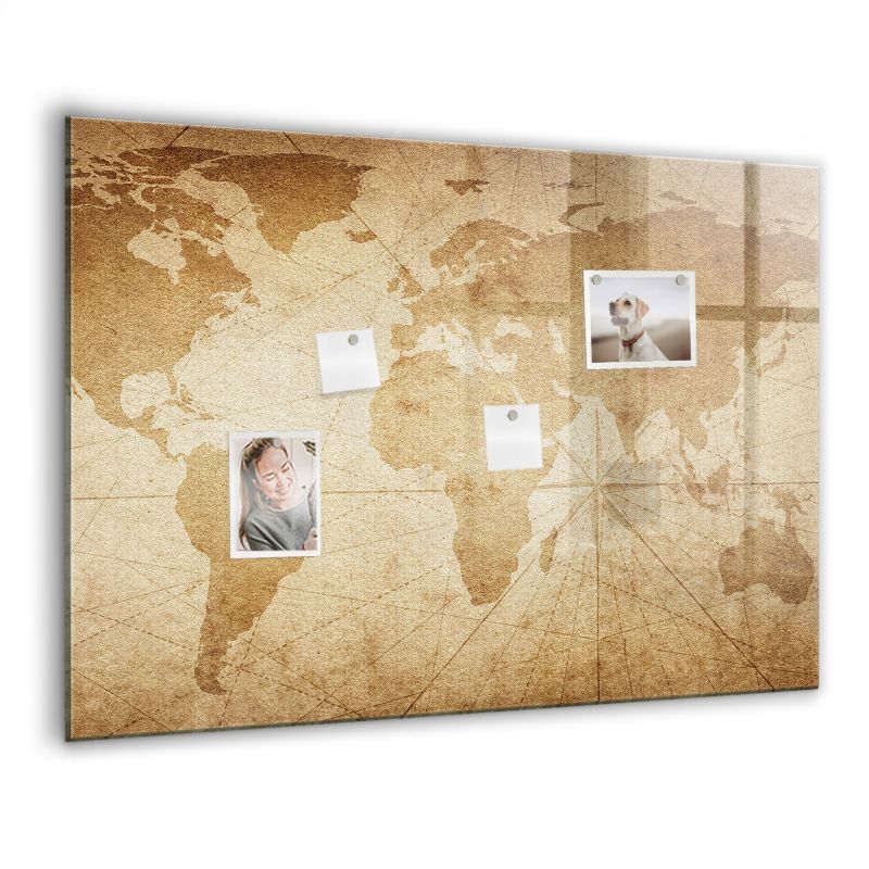 Szklana tablica magnetyczna Wallfluent 100x70 cm Mapa świata vintage Czarny marker 1 szt.