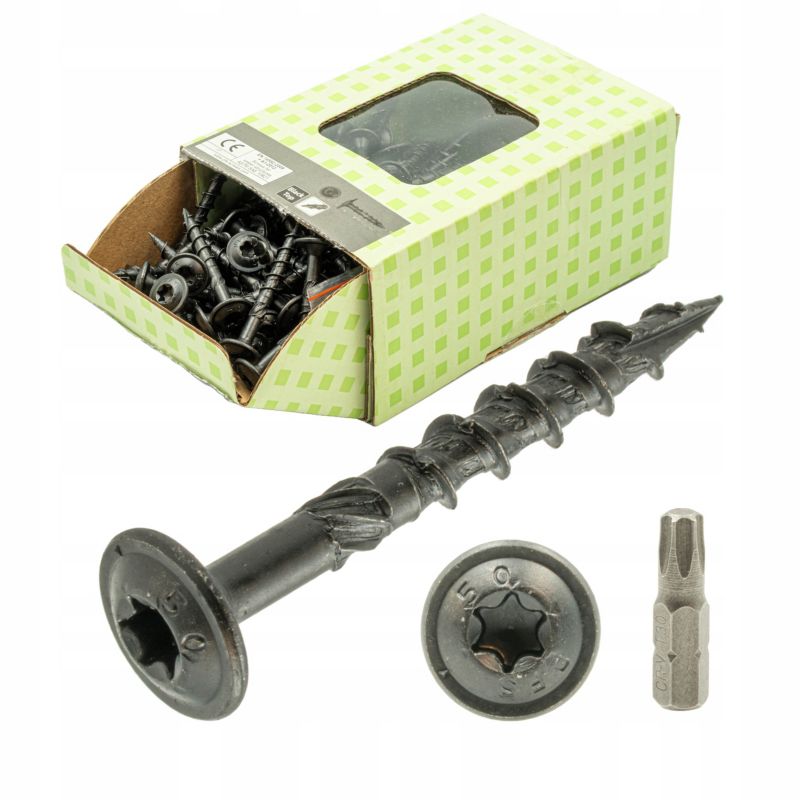 Wkręty PGB do drewna 6x30 mm talerzowe czarne +Bit 100 szt.