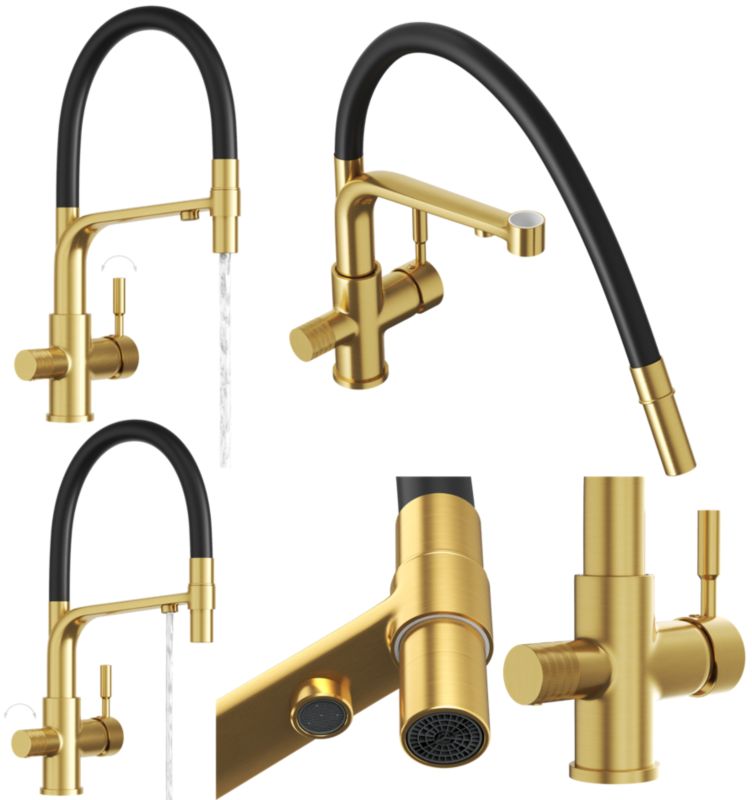 Bateria trójdrożna kuchenna do filtra wody kran MALTA złota wylewka filtr