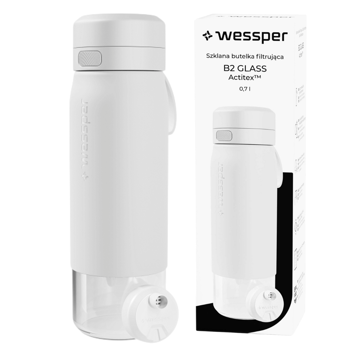 Biała szklana butelka filtrująca Wessper 700 ml.