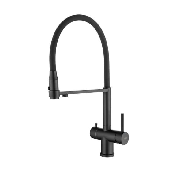 Tusar czarny mat kran dwuobwodowy Blue Water z podłączeniem wody filtrowanej. Bateria trójdrożna z wyciąganym prysznicem.