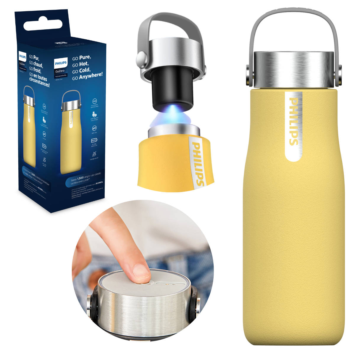 PHILIPS Smart butelka z lampą UV w kolorze żółtym. Utrzymuje temperaturę do 12/24h. Butelka zabijająca bakterie w wodzie.