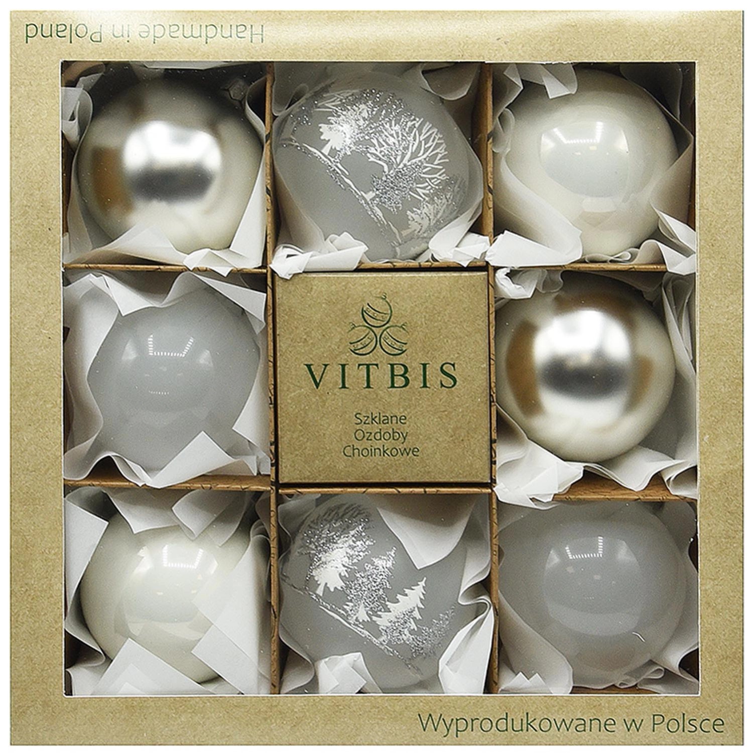 Bombki szklane gładkie z dekorem biało-srebrnym śr. 8 cm - 8 szt.