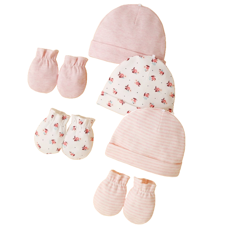 Komplet 6-częściowy dla noworodka czapeczki + niedrapki róż i kwiatuszki NS