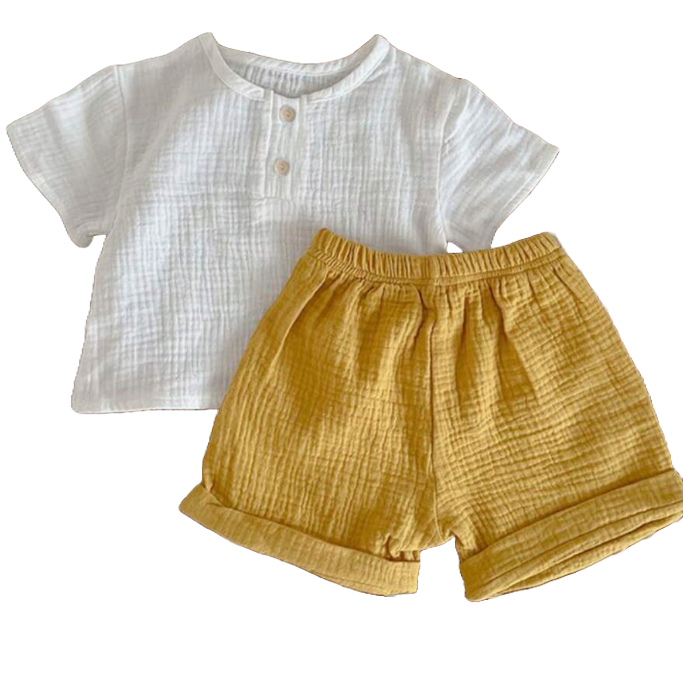 Koszulka + spodenki muślinowe musztarda 12-18 miesięcy Wyprzedaż