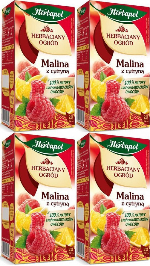 4x Herbata owocowa w torebkach Herbapol Herbaciany Ogród, malina z cytryną, 20 sztuk x 2,7g