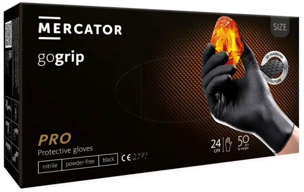 Rękawiczki nitrylowe Mercator Medical GoGrip, bezpudrowe, rozmiar XL, 50 sztuk, czarny