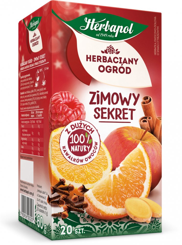 Herbata owocowo-ziołowa w torebkach Herbapol Herbaciany Ogród Zimowy Sekret, cytrusowy, 20 sztuk x 3g
