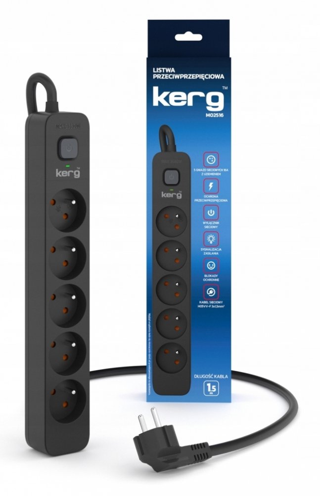Listwa przeciwprzepięciowa Kerg, 1.5m, 5 gniazd, czarny