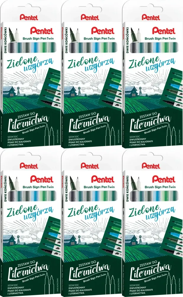 6x Pisaki do kaligrafii i liternictwa Pentel Brush Sign Pen Twin SESW30C Zielone Wzgórza, dwustronne, 6 sztuk, mix kolorów