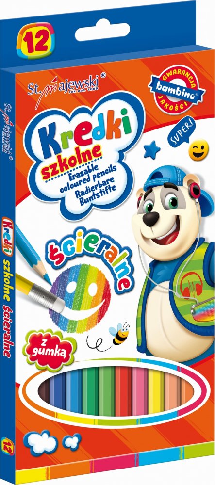 Kredki Bambino Zwierzaki Uczniaki, ścieralne, 12 sztuk, mix kolorów