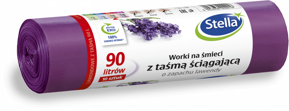 Worki na śmieci Stella, na odpady zmieszane, ekologiczne, 90l, 10 sztuk, lawendowe, fioletowy