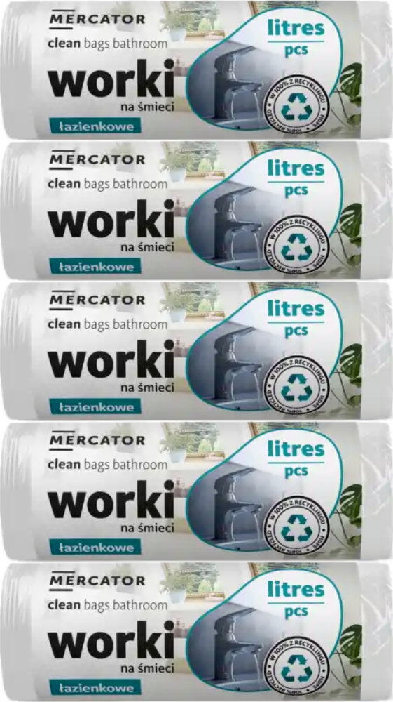 5x Worki na śmieci mercator, łazienkowe, HDPE, 20l, 40 sztuk, biały