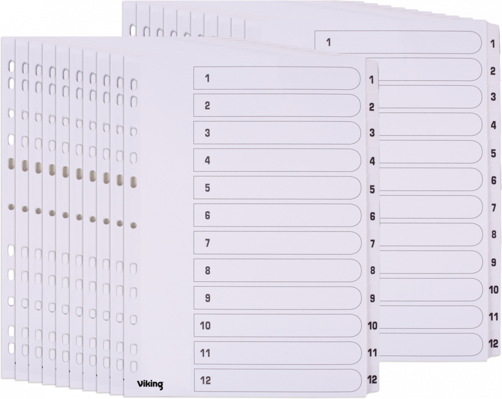 20x Przekładki do segregatora Viking, plastikowe, numeryczne, A4, 1-12 kart, biały