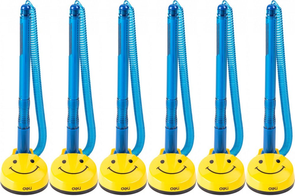 6x Pióro kulkowe Deli Smile, na sprężynce, stojące, 0.7mm, niebieski