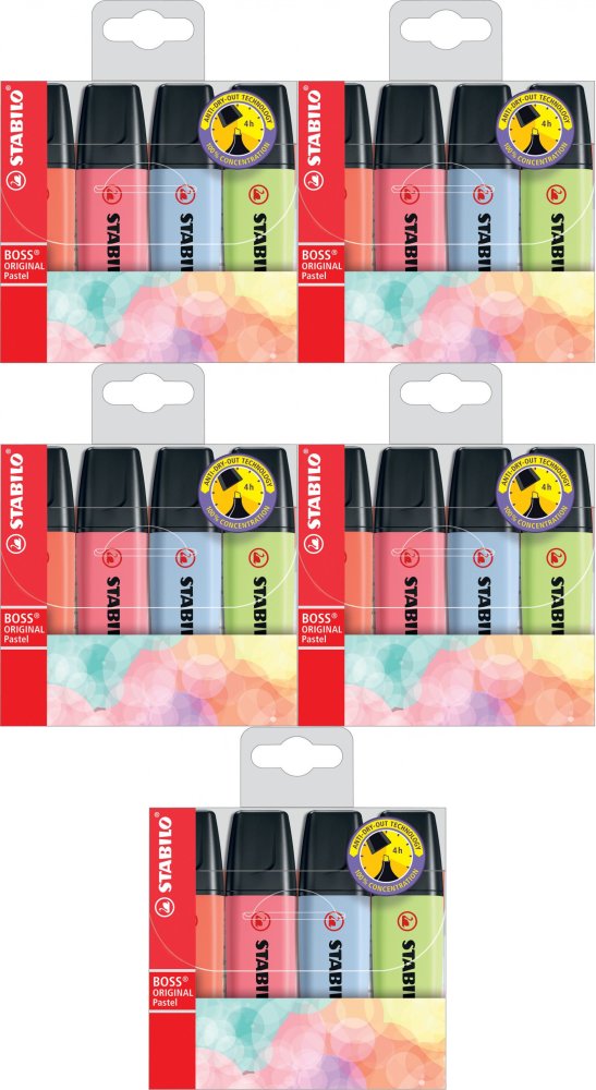 5x Zakreślacz Stabilo, Boss Original, ścięta, 4 sztuki, mix nowych kolorów pastelowych