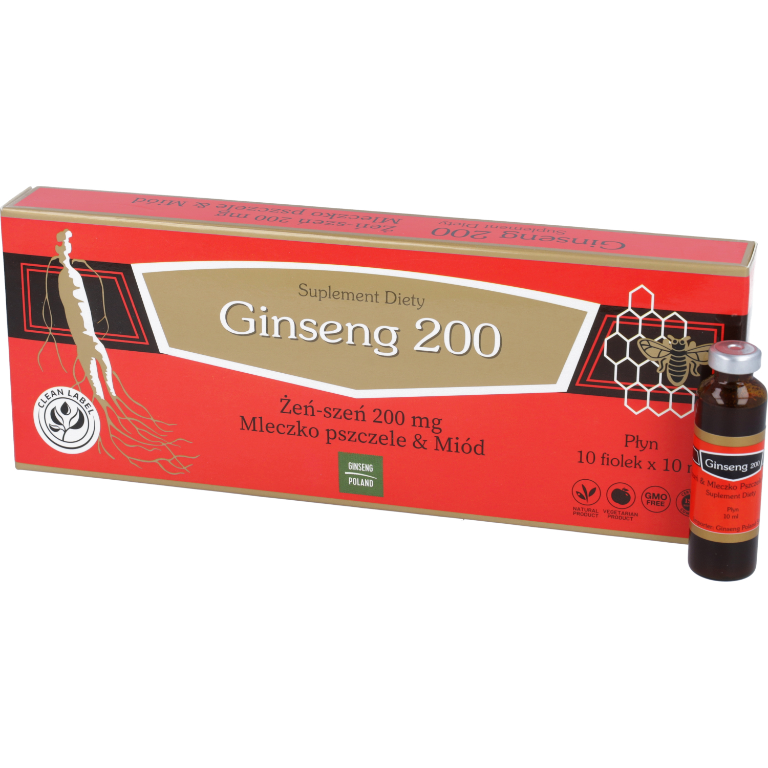 Ginseng 200 żeń-szeń i mleczko pszczele i miód, 10 fiolek x 10 ml