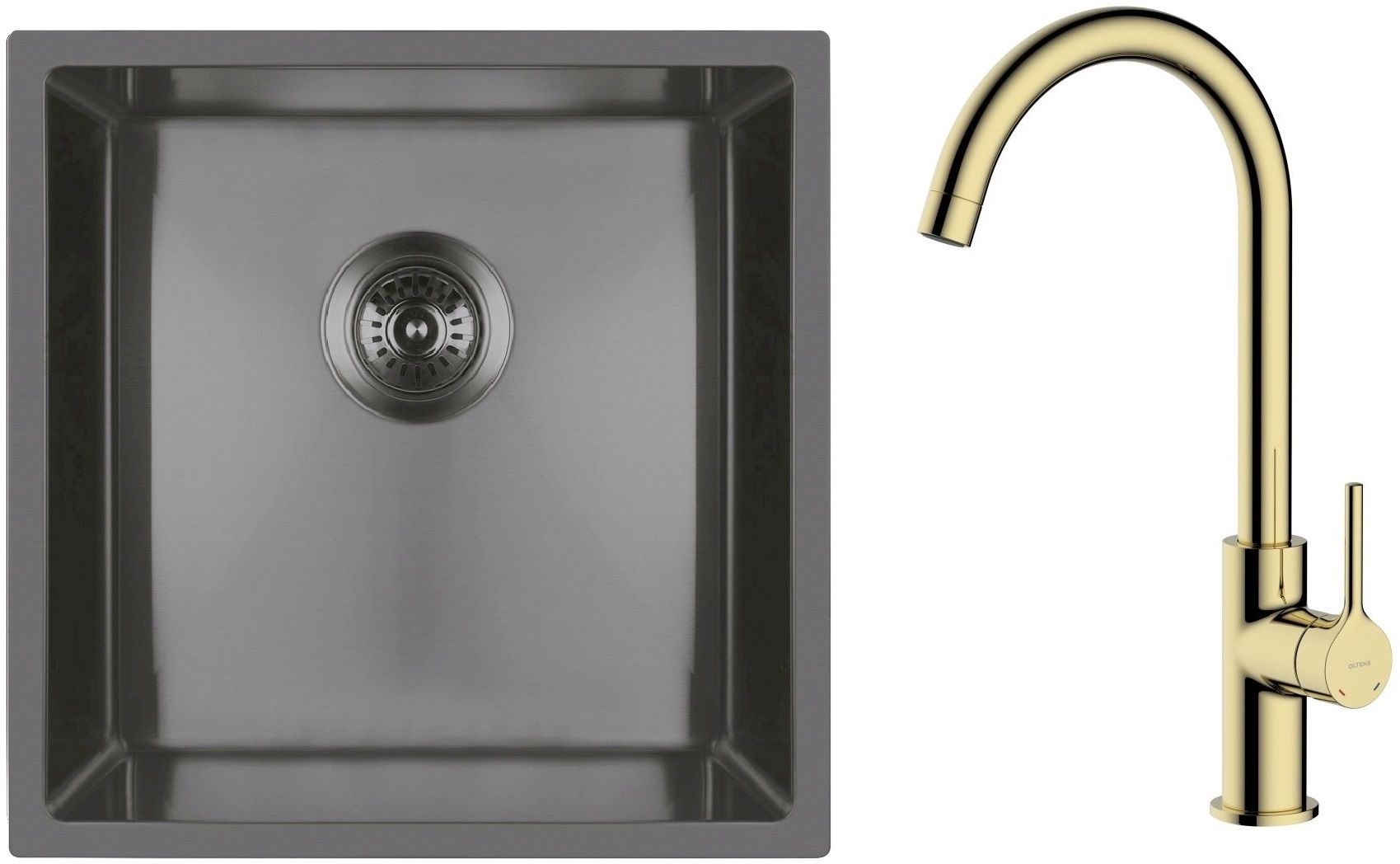 Zestaw Oltens Stalvask zlewozmywak stalowy 44x44 cm z baterią kuchenną Skafta czarny/złoty połysk (71100300, 35206800) - Wysyłka w 24h