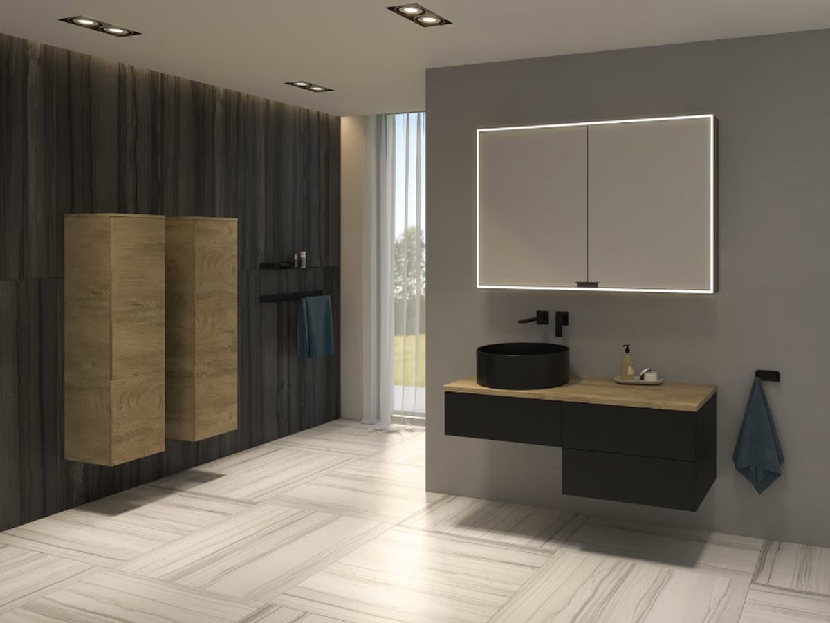 Kronenbach Cube szafka z blatem 141x48,7x44,5 cm podumywalkowa wisząca czarny mat-jasny dąb KBWTKOWTL1413SMGH