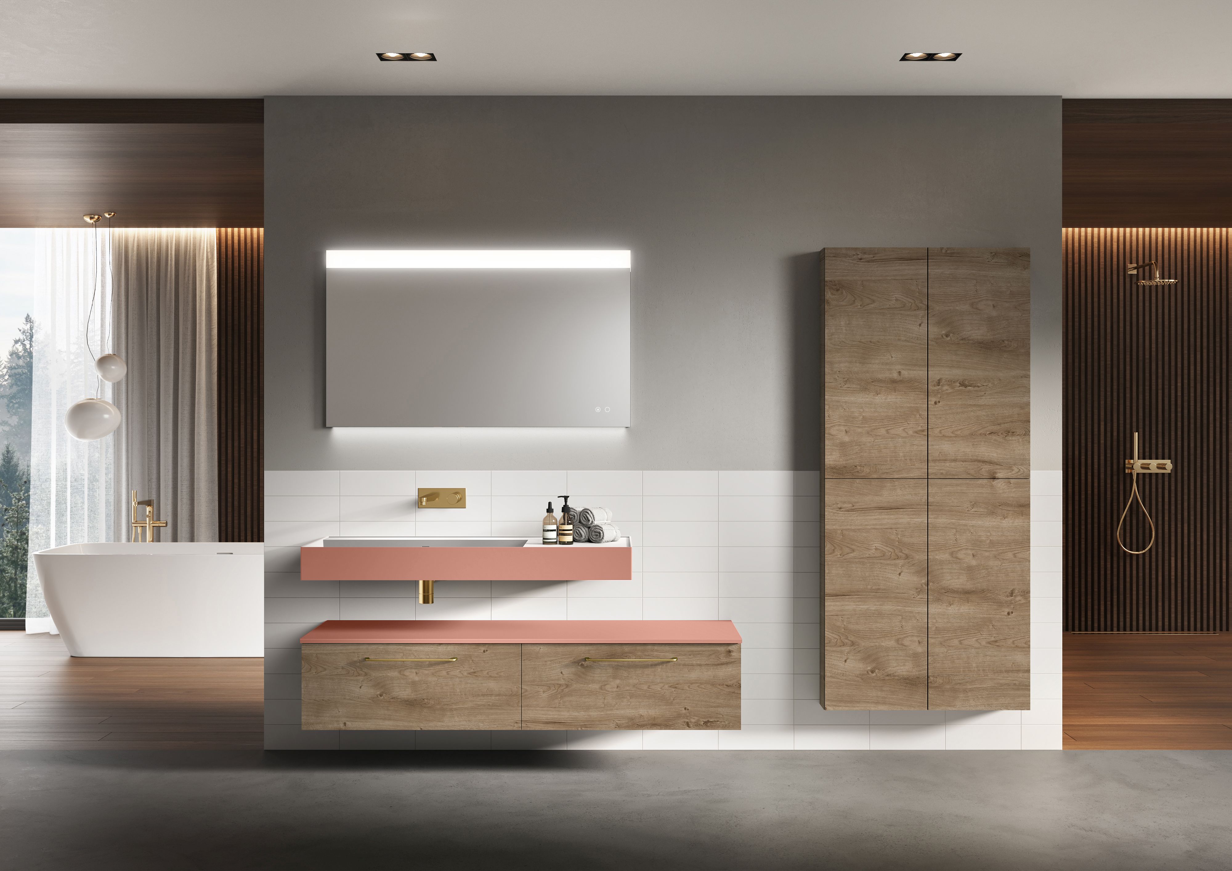 Elita Level umywalka 120,5x45,5 cm prostokątna ścienna lewa white/terra pink matt RE041461236020