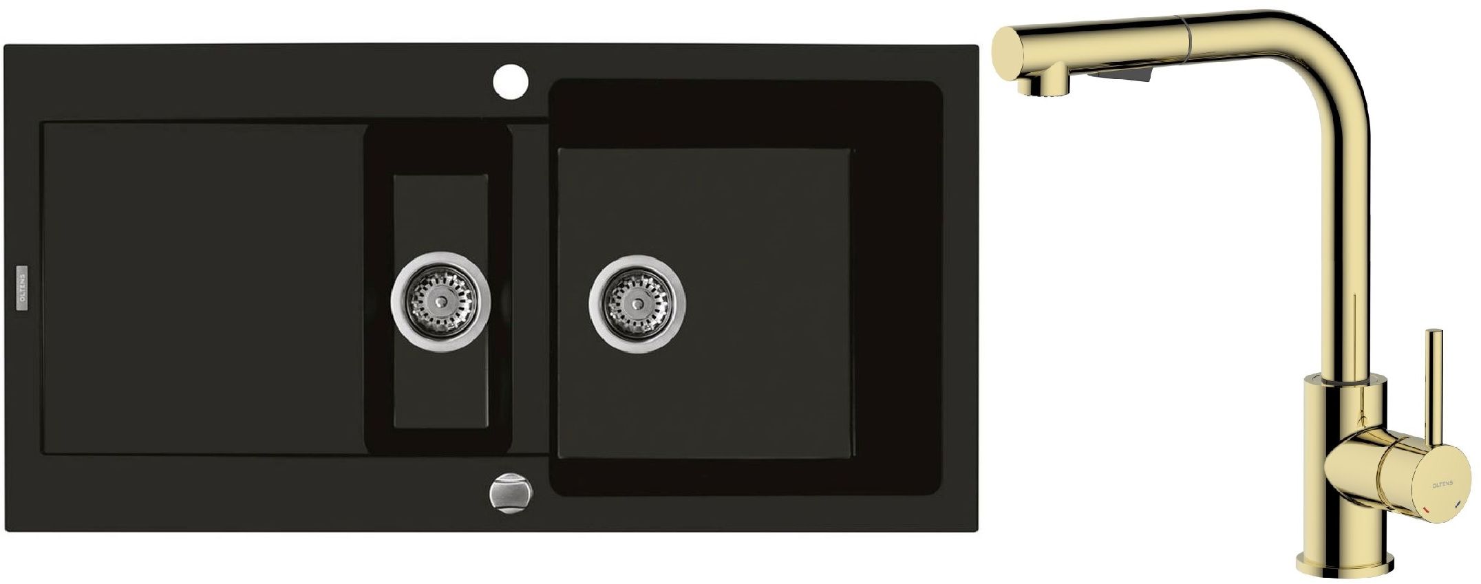 Zestaw Oltens Gravan zlewozmywak granitowy 1,5-komorowy 100x50 cm z baterią kuchenną Myvat czarny mat/złoty połysk (72300300, 35205800) - Wysyłka w 