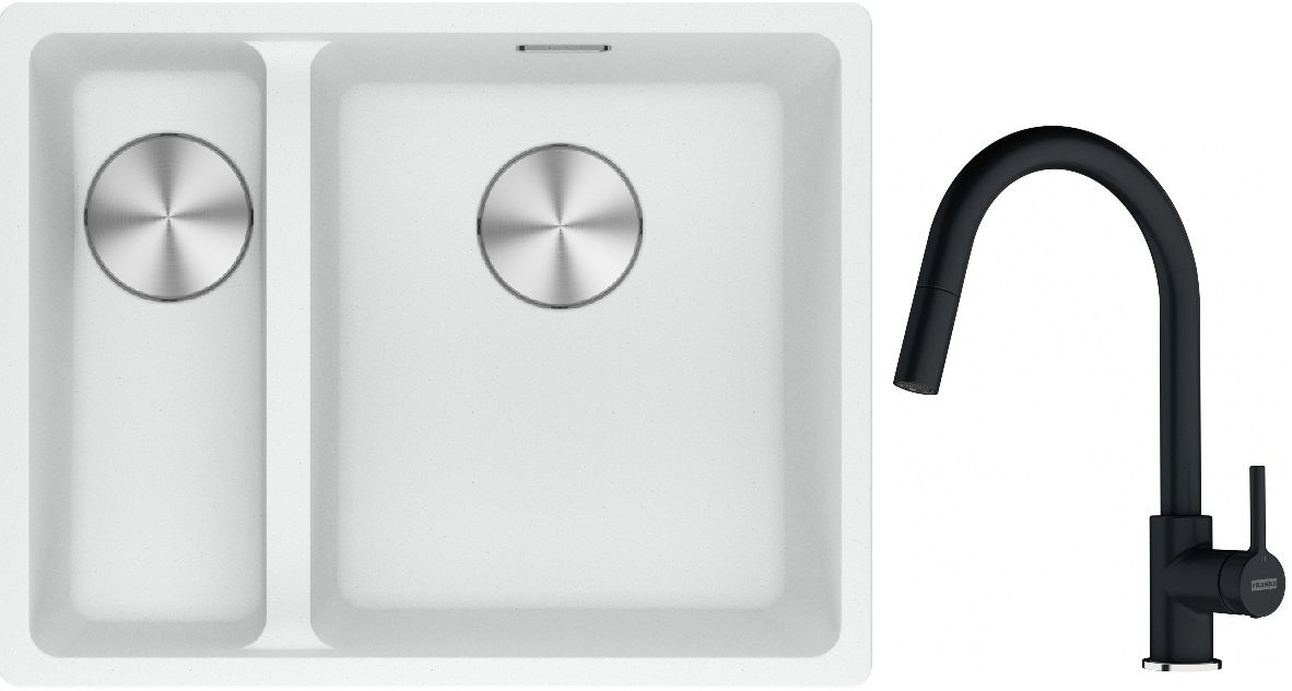 Franke Maris MRG 160-34-15SBL zlewozmywak 52x40 cm Fragranite biały polarny z baterią kuchenną Lina onyx (1250687271, 1150626055)