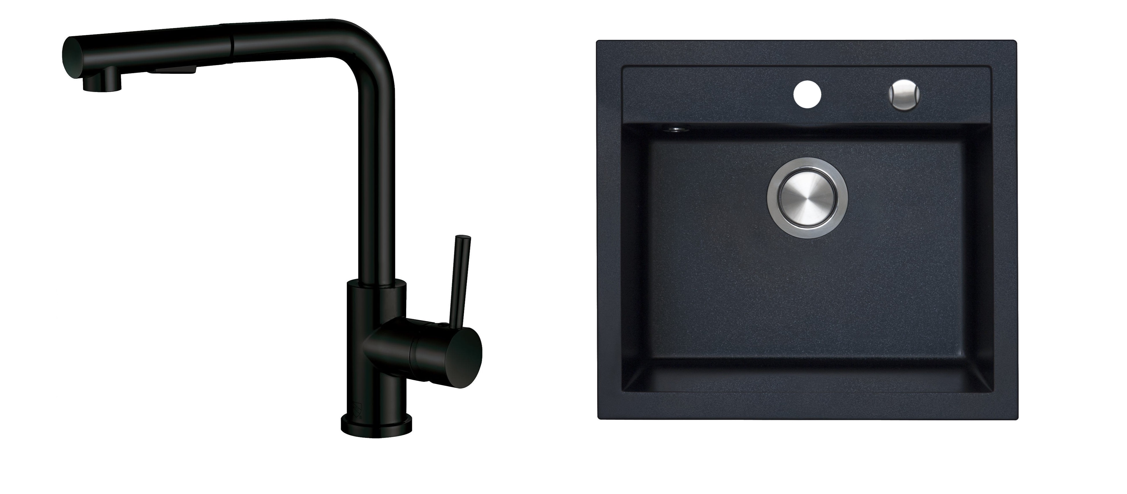 Berg Hobart zlewozmywak granitowy 56,5x51 cm z baterią kuchenną Porta onyx metalik/czarny mat (BRQ14104, 130231PH)