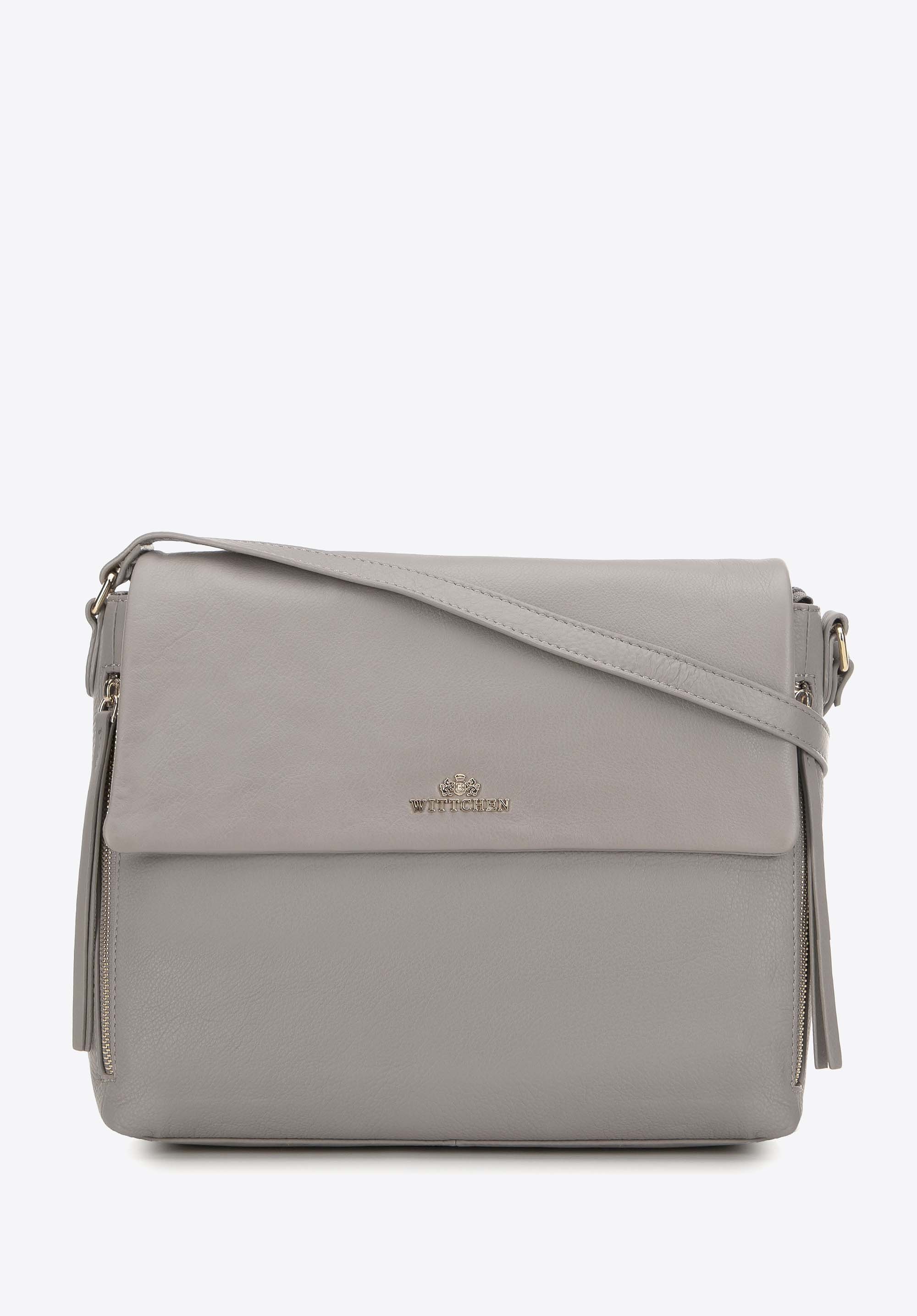 Skórzana torebką na ramię z ozdobnymi suwakami szara