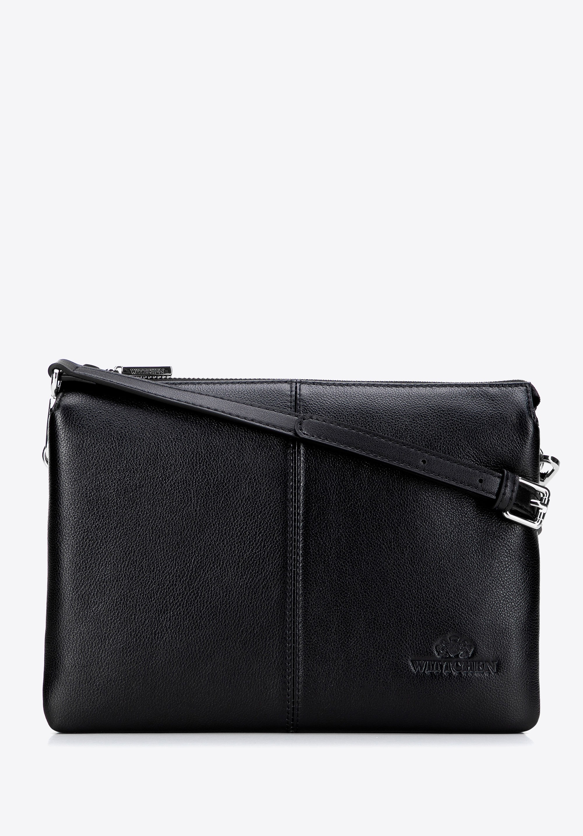 Klasyczna listonoszka skórzana z przeszyciem pośrodku czarno - srebrna