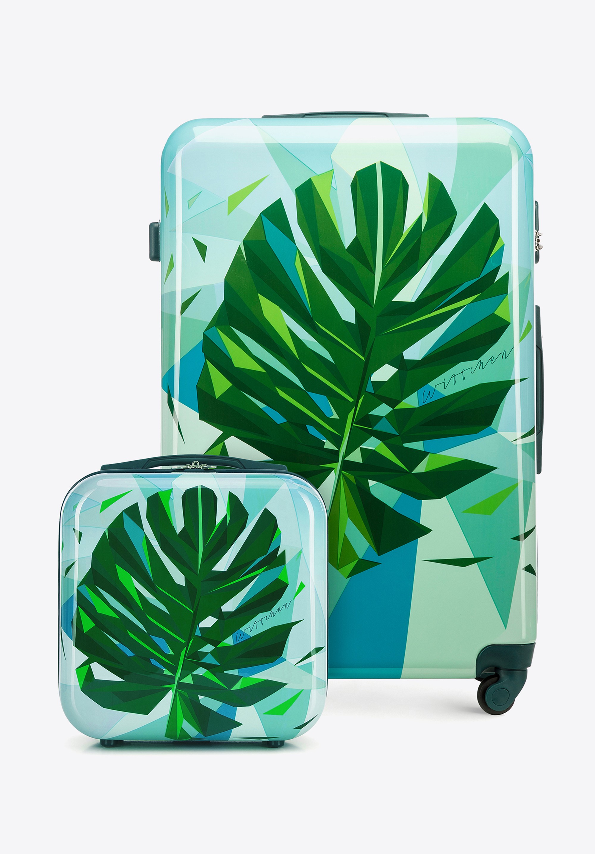 Duża walizka i kosmetyczka z ABS-u z nadrukiem zielono - niebieskie