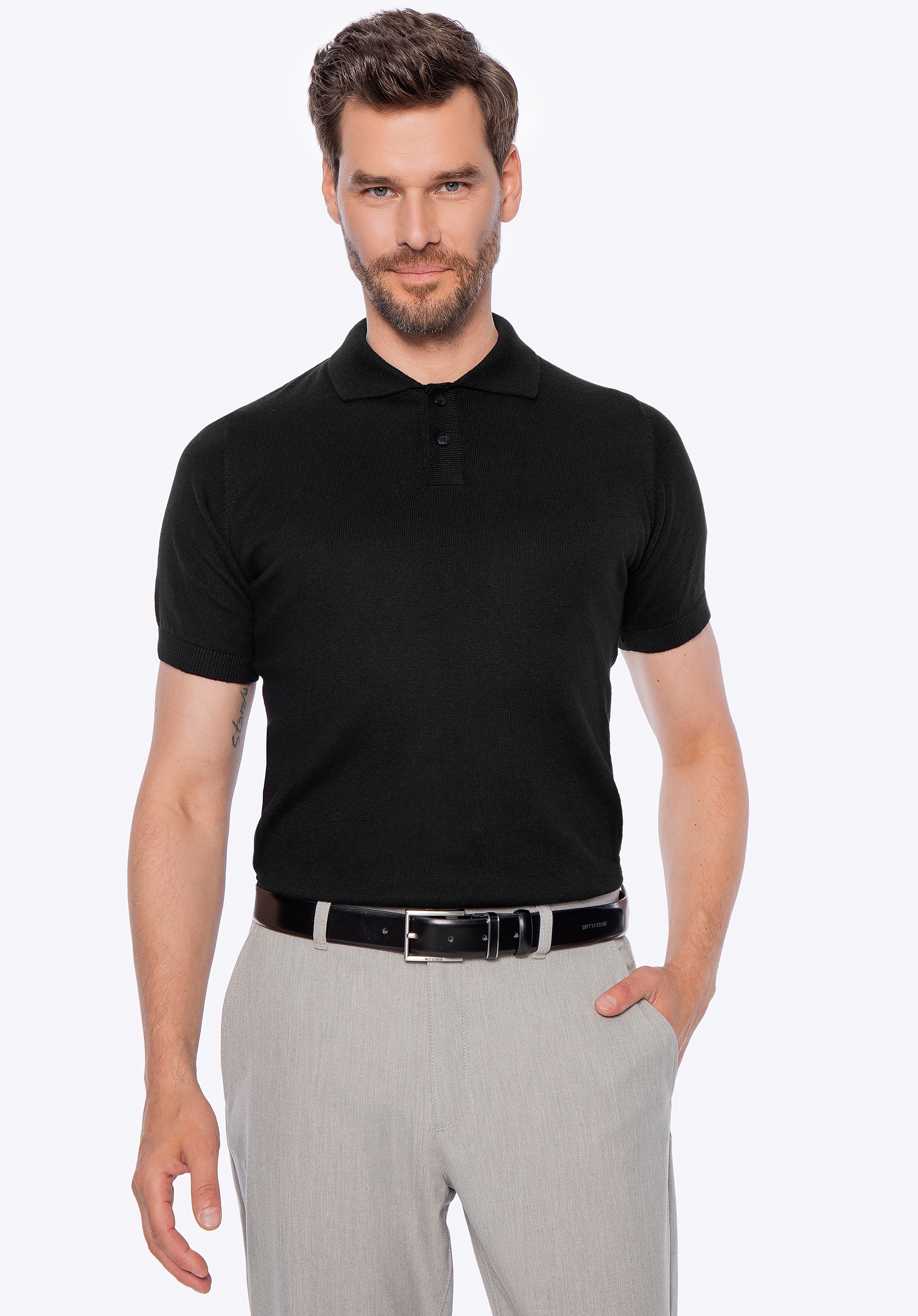 Męski sweter z krótkim rękawem z domieszką kaszmiru czarny