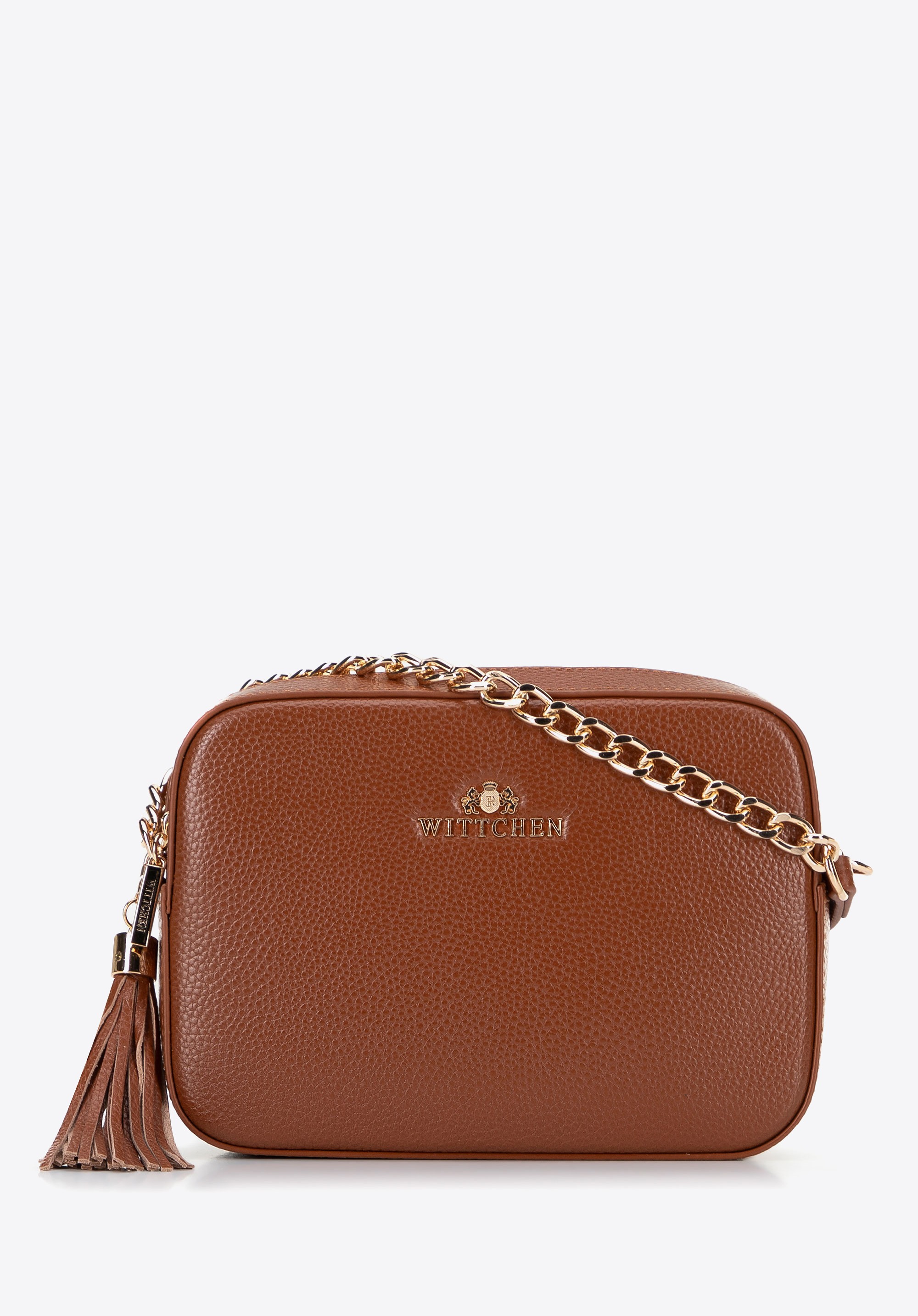 Damska listonoszka skórzana pudełkowa na łańcuszku brązowa