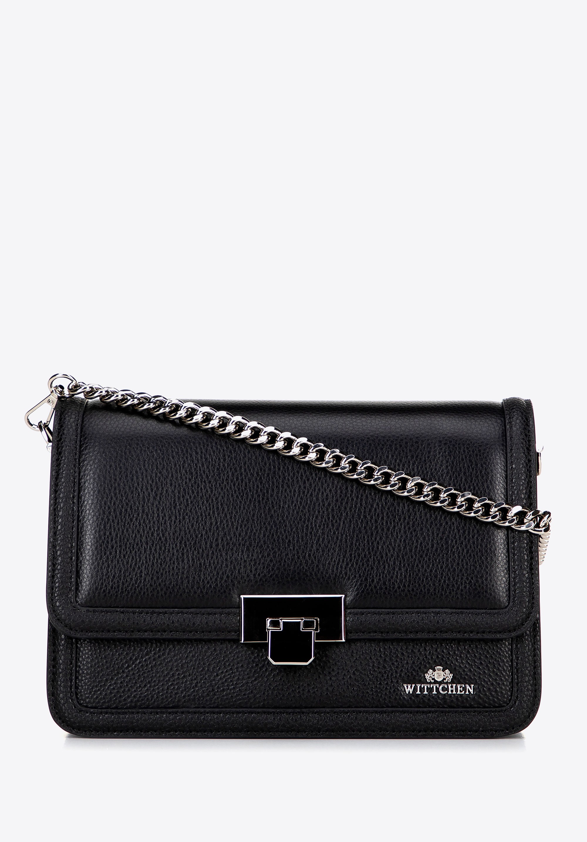 Skórzana torebka crossbody z łańcuszkiem czarno - srebrna